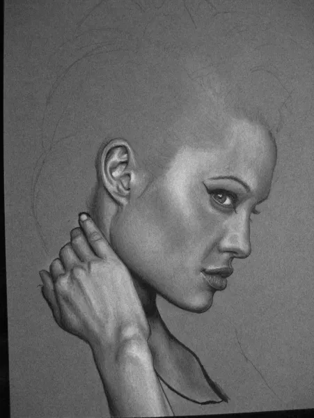 Angelina Jolie, WIP #3 - Skin mostly done. For the final drawing, I've added hair and refined the skin texture to a very fine structure.