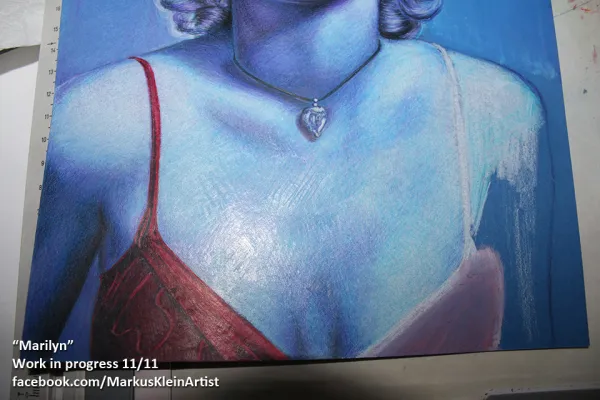 "Blue Marilyn" WIP 11/11: nearly done. I have removed some of the white priming on her clothing as it is supposed to be more in shadows. The light reflection on this photo reveals some of the surface structure.