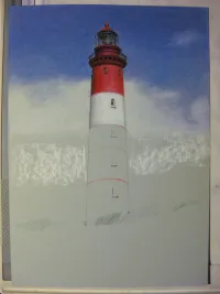 Leuchtturm Amrum WIP #1 - drawing from top to bottom as to avoid smudging. If some of the red gets merged with the white of the clouds, we have a problem.