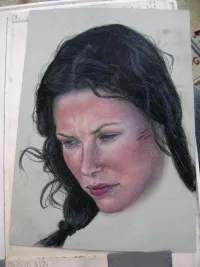 Evangeline Lilly WIP #4: Added the arm and clothing. Here you can see on her chest, how the first skin layer is composed and blended of the most unlikely colours.

For the finished drawing, I completed the chest skin layers, refined the facial features and added highlights and a few more freckles. And cleaned up the smudge marks.