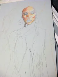 Tyra Banks WIP #1: Outline sketches and first soft pastel skin layer (creepy!)