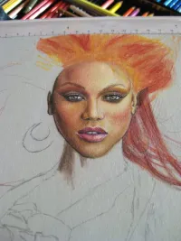 Tyra Banks WIP #3: facial features worked out, eyes and lips, basic layer for light side hair