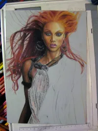 Tyra Banks WIP #7: left arm done, beginning with clothes.

For the final image, I've completed all missing parts and refined earlier ones.