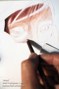 Akina WIP 1/5: Basic outlines, beginning to shade the face. Note that I leave space where the stray hair is going to be