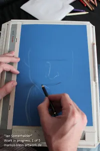 Ian Somerhalder WIP 1/5: To support the moonlit atmosphere of the image, I'm beginning with a blue sheet of construction paper. Here I'm working on the outlines and landmarks.