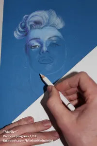 "Blue Marilyn" WIP 1/11: Starting to fill the outline sketch with life. I chose blue paper to set the right mood