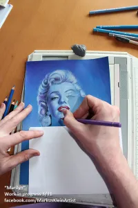 "Blue Marilyn" WIP 3/11: Started to fill the background with light. I chose a purple tone for the shadows and a cyan tone for the lighter parts.
