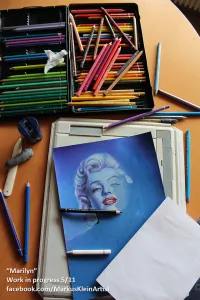 "Blue Marilyn" WIP 5/11: What a mess My old plotting board has seen better days but it serves its purpose well enough - I usually don't draw at the table but on the couch.