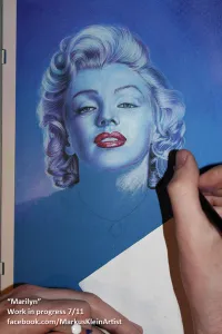 "Blue Marilyn" WIP 7/11: Finishing the hair and the background. Note how I create the smooth background transition with the cross-hatching technique.