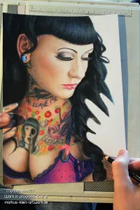 Myriam von M WIP 6/8: Most of her chest, tattoos and hair are completed. Note the blurriness of the edges further behind, to create the depth effect. Up next: hand
