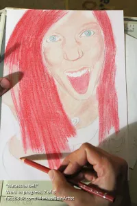 Natascha Bell WIP 2/8: I'm beginning to smooth out the red layer to create a full, rich red priming for the hair.