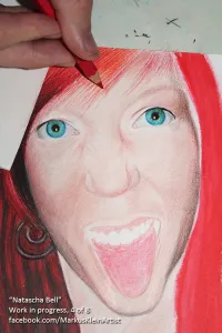 Natascha Bell WIP 4/8: drawing hair. I've also created the iris pattern and more shading to the face.