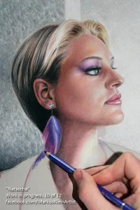 "Natascha" Work in progress 10 / 12: I'm replacing the shirt from the ref photo with a violet neckholder dress, and I've added feather errings.