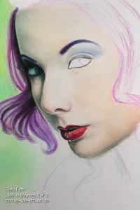 Neila Fynn WIP 2/6: I've added the first background and several skin shading layers, and I've begun working out the details like eyes and lips etc.