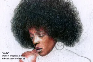 Onita WIP 1 / 10: For this beautiful picture, I'm beginning with the face. This is photo actually only shows a TINY segment of the drawing (about 3 inches, observe the dust on the paper). For high-detail pictures, it's best to work segment-by-segment from start to finish.