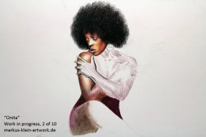 Onita WIP 2/10: More of the sketch. Starting to shade her body.