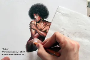 Onita WIP 4/10: To achieve the fine texture, you'll have to create many very fine layers of hatches with a sharp pencil.