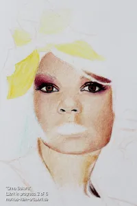 Onna Sakura WIP 2/6: Adding depth to the eyes, starting to colour the hat.