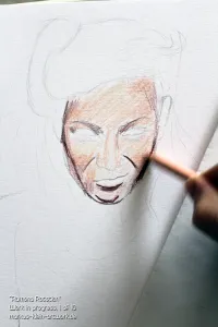 Ramona Rotstich WIP 1/10: I'm starting to shade the facial features. The outlines show where the hair is going to be flowing.