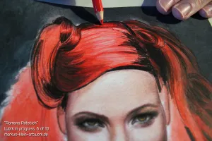 Ramona Rotstich WIP 6/10: Here you can see the shading process for the hair. Start with patches of light and shadow, and then keep on refining layer by layer. The more layers you do, and the sharper your pencils are, the more detailled and realistic your representation of hair will be.