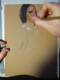 Rihanna WIP Step 1 / 9: Rough outline, beginning with hair and facial features. I chose the terracotta paper for it would nicely support the skin tone and the sparks.