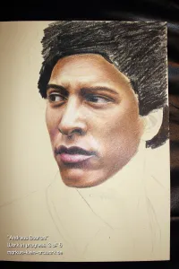 Andreas Bourani WIP 3/6: Most facial features are completed. For the extremely dark hair, I begin with a flat black layer.