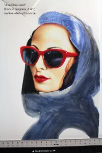 Ava WIP 4/5: finished her face, now building up the scarf and hair layers.