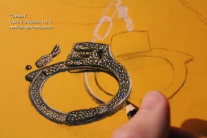 Christin WIP 1/4: Trying to get a hang on drawing all those little water droplets. I'm starting with those on the handcuffs. I'll erase and redraw those several times in the following process

I've chosen orange paper since its basic tone comes close to the atmosphere I want to create.