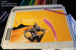 Christin WIP 2/4: Finished most of the handcuffs and the upper part of the waist. And yes, I will redraw those water drops later on, again!
I've also drawn the highlights that are supposed to stay white on her hand and the panty.