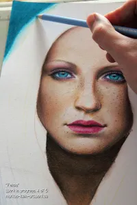 Felicia WIP 4/5: Finished most of her facial features, and the backdrop. Now all that's left to be done is her flowing hair.