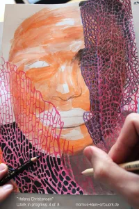 Helena Christensen WIP 4/8: Put the rough facial underpainting in place. Filling the shadows behind the coral