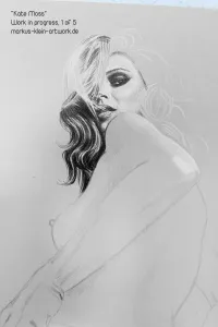 Kate Moss WIP 1/5: I've worked out precise outlines and rough sketches of where shadows and lights are going to be. Then I've begun shading her face and hair.