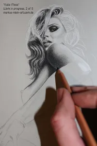 Kate Moss WIP 2/5: Continued working on the hair, now shading her upper arm.