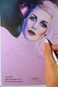 Lexy Hell WIP 3/7: I put the left side background in place quite early to put the facial lighting into a proper setting. Otherwise the shadows would most likely turn out too bright.