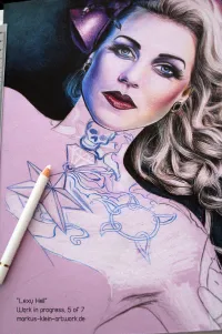 Lexy Hell WIP 5/7: Adding a white underpainting on her chest, so the tattoos on the light side shine brighter.