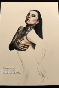 Makani Terror WIP 4/7: Completing work on her chest and right arm tattoos. Sketched the rest of her body.