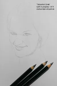 Natascha's Smile WIP 1/8: Trying out the brand new Faber-Castell 9000 Jumbo pencils. I've got various grades of hardness, but eventually I'll settle mostly for HB. I use it to work out the fine details and light hatching. I'll later employ the softer pencils to fill out the shadowy areas.