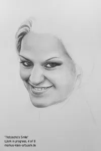 Natascha's Smile WIP 4/8: Progressing nicely. What a stunning smile! Up next I'm drawing her beautiful hair.