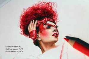 Ophelia WIP 2/5: This WIP shot nicely demonstrates the amount of detail that goes into my drawings. Copare the tip size of the pencil to details like the glove, lips or lashes.