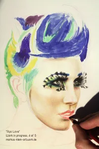 Ryo Wip 04: Currently drawing her mouth, the underpainting for the colorful hair is in place, too.