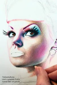 TheSpookyBunny WIP 5/8: Almost happy with the facial lighting and shading. Finished the eyes. Currently defining the jaw line. If you look closely you can see the fine hatchings that make up the smooth surface and skin texture.