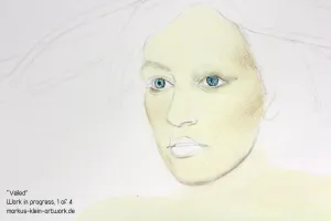 Veiled WIP 1/4: Basic outlines and underpainting for the face and body. I use water soluble colored pencils for the underpainting.