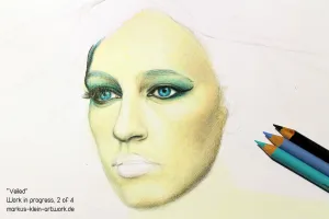 Veiled WIP 2/4: Since I want to create a cooler look than the reference photo has, I'm shifting the skin tone into a cooler color range. That's why it appears yellow/greenish on this WIP.