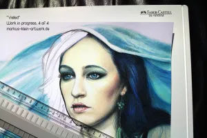 Veiled WIP 4/4: Yay! Just got my new A3 sized Faber-Castell plotting board - perfect for mobile drawing. The piece is almost finished, adding the last bits of hair and refining the texture of the fabric.