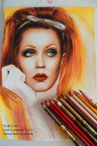 Evilla D Ark WIP 3/3: Her face is finished, now finishing her hair and body. You can see where the tattoos are sketeched in.