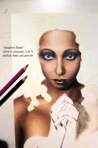 Josephine Baker WIP 3/5: Working on the body and sketched in the hands and curls.