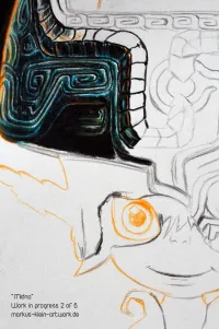 Midna WIP 2/6: Starting to draw the helmet. It features a lot of creases and corrugations that all need to follow the triple lighting I had in mind.