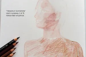 Natascha in Summertime WIP 2/15: I fill the first skin layer with rough basic strokes using water based color pencils, This defines the color scheme and prepares the patches of light and shadow. The upper half is already blended with water. The pencils on the picture show the colors I used for this layer.