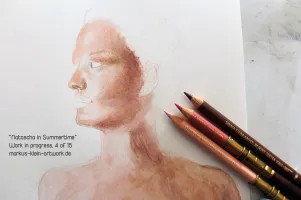 Natascha in Summertime WIP 4/15: Third layer: Beginning to smooth out the surface using oil based pencils. The pencils on the picture show the colors I used for this layer.