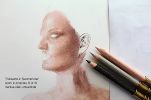 Natascha in Summertime WIP 5/15: Fourth layer. Keep smoothing out the surface using sharp pencils and fine hatching. The pencils on the picture show the colors I used for this layer.